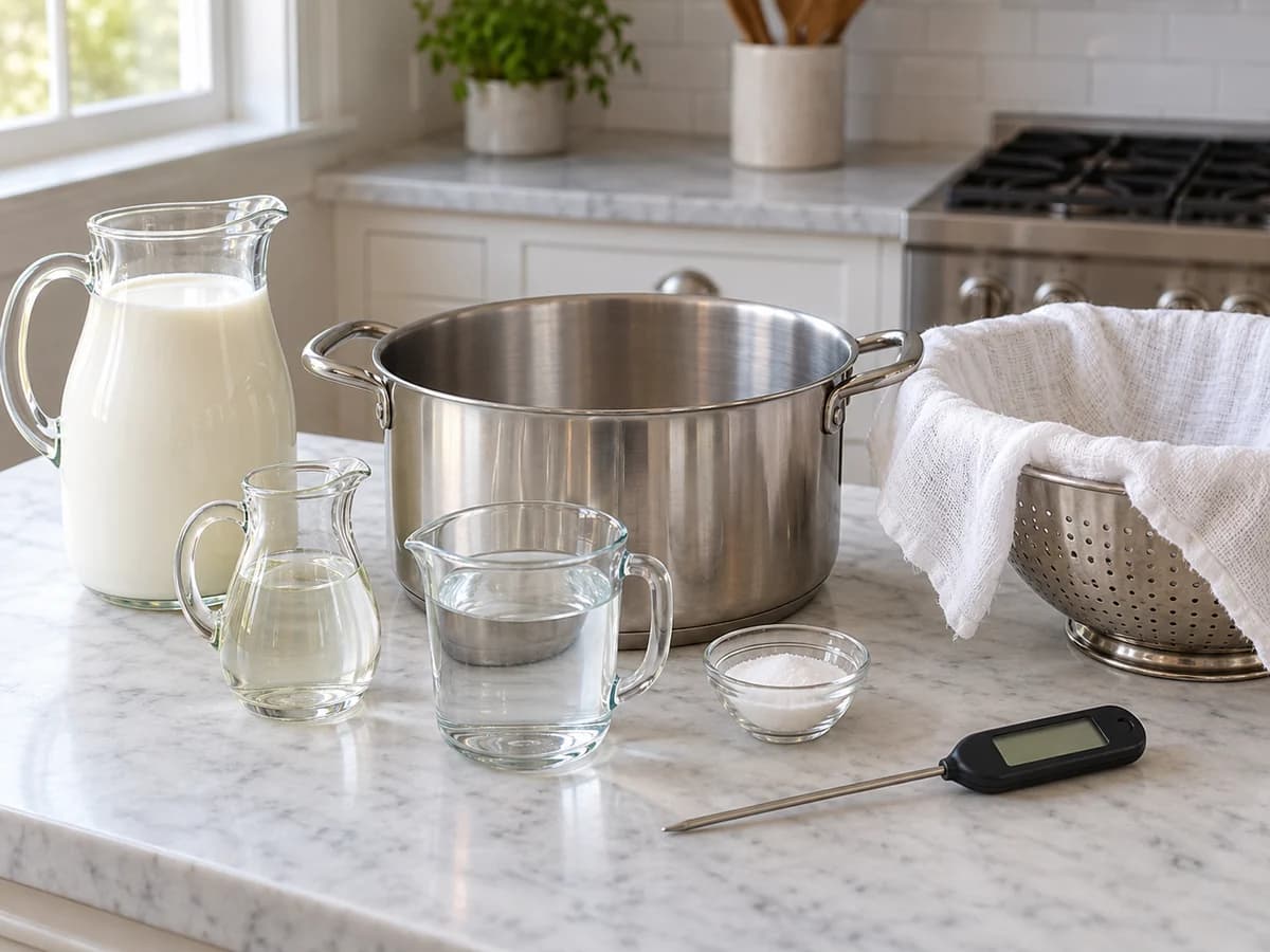 Milk, vinegar, water, salt and clean cheesemaking equipment