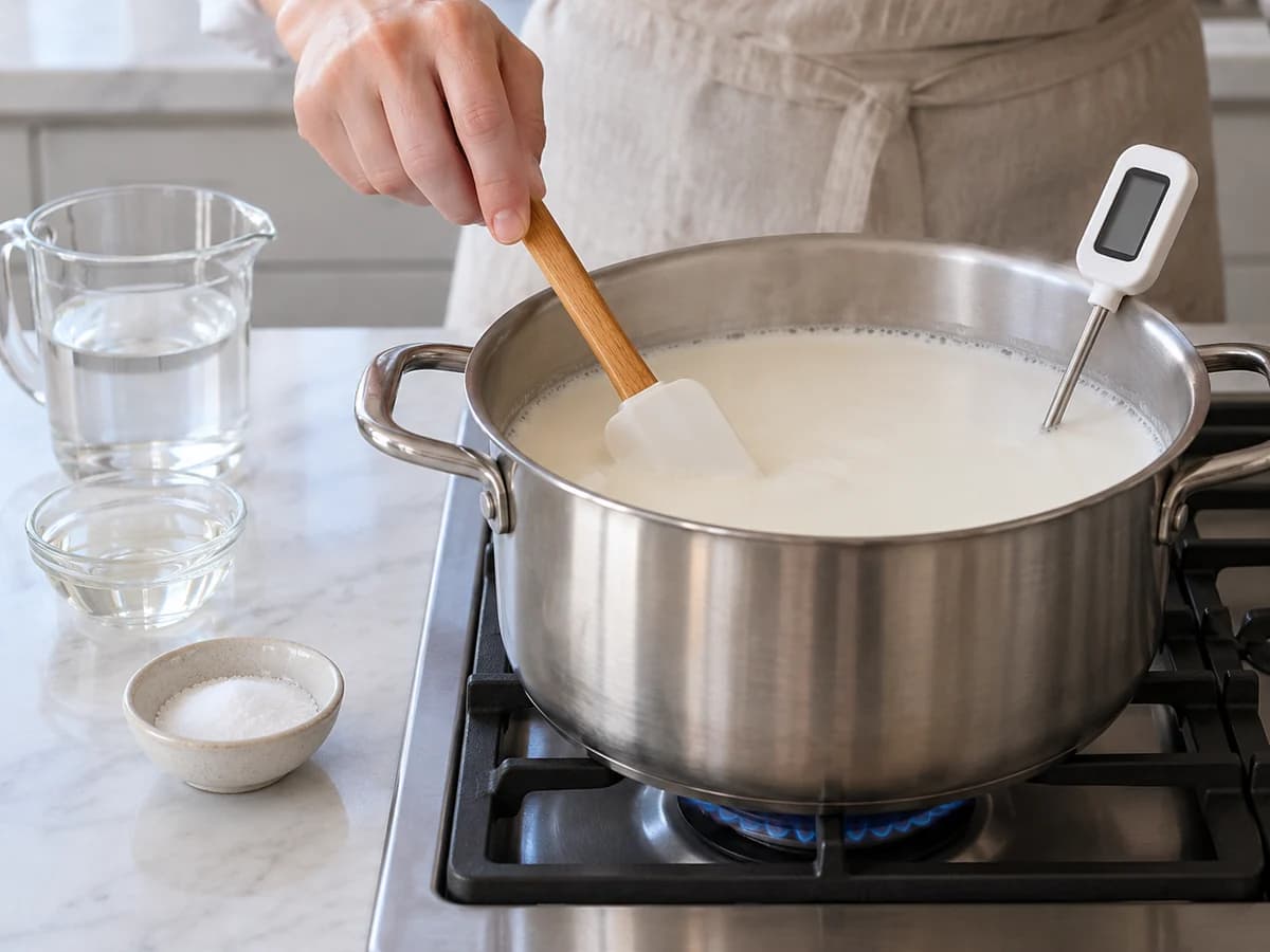 Gently heating whole milk with a clean food thermometer