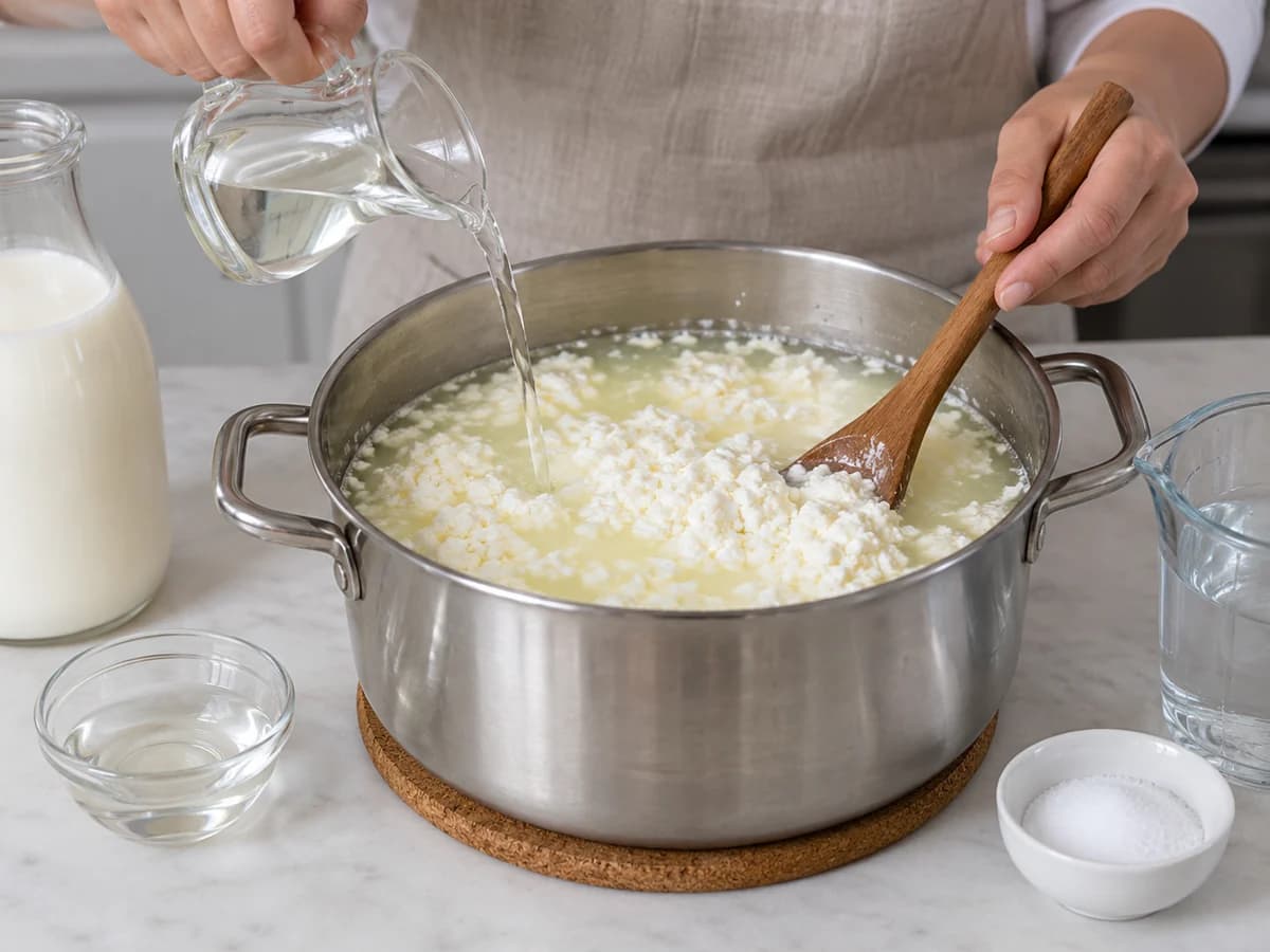 White curd separating from yellowish whey as diluted vinegar is added