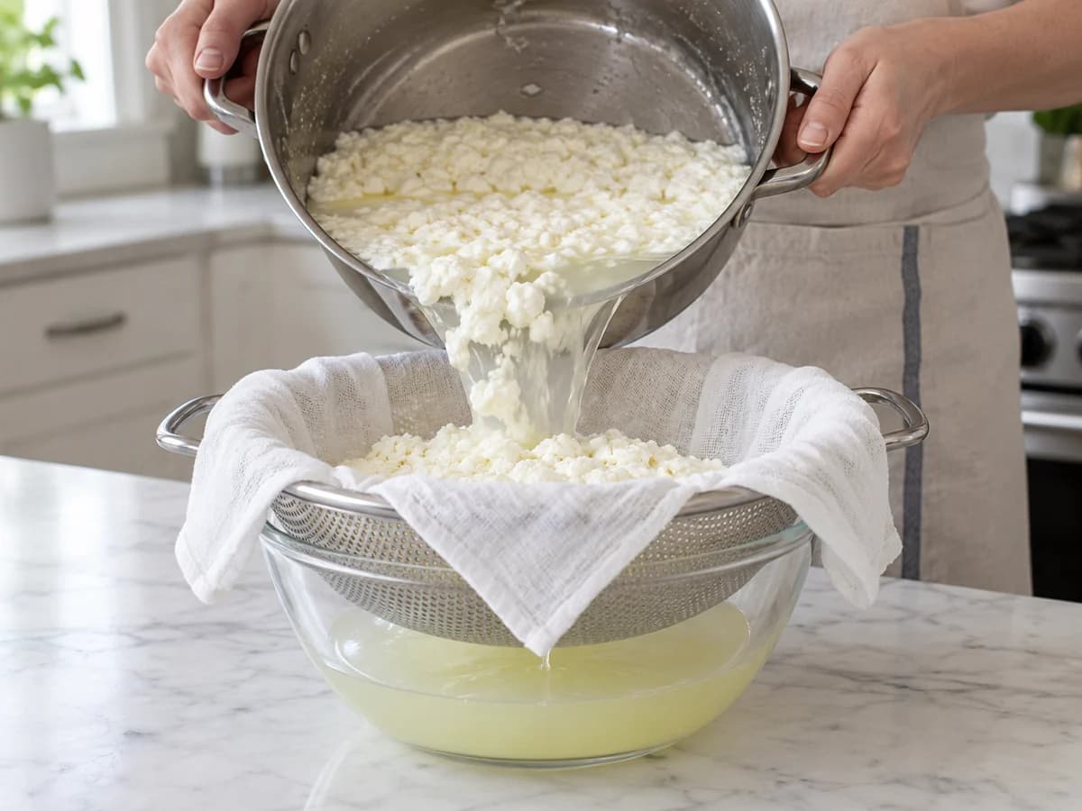 Curds draining through clean cloth into a separate whey bowl