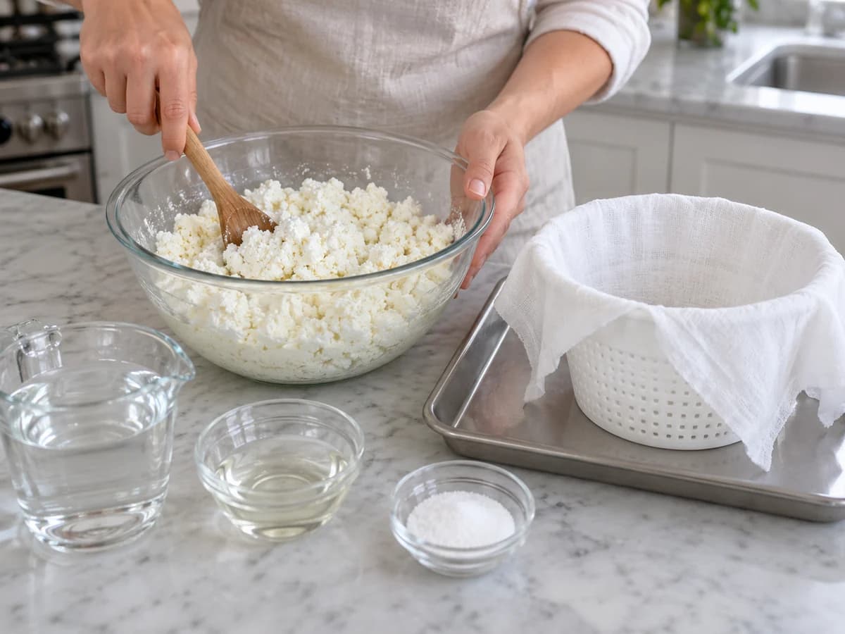 Plain curd mixed with salt beside a cloth-lined perforated mold