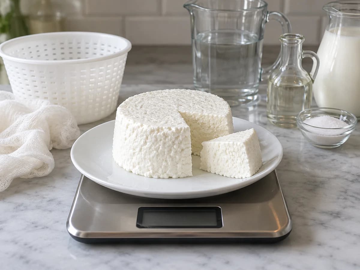 Cold cheese and a wedge weighed without cloth or whey, blank scale display