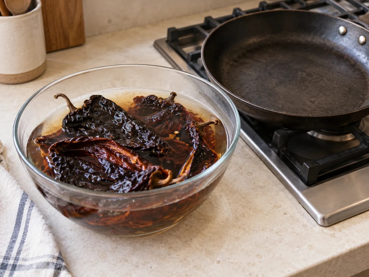 Schweinerippchen in roter Mole: Chilis rösten und einweichen