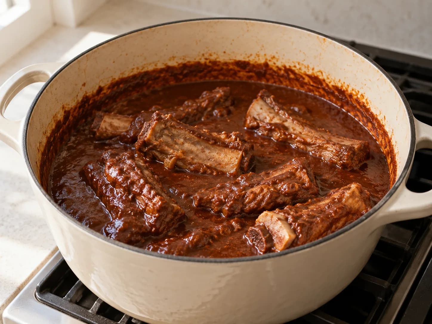 Schweinerippchen in roter Mole: Schokolade und Fleisch hinzufügen