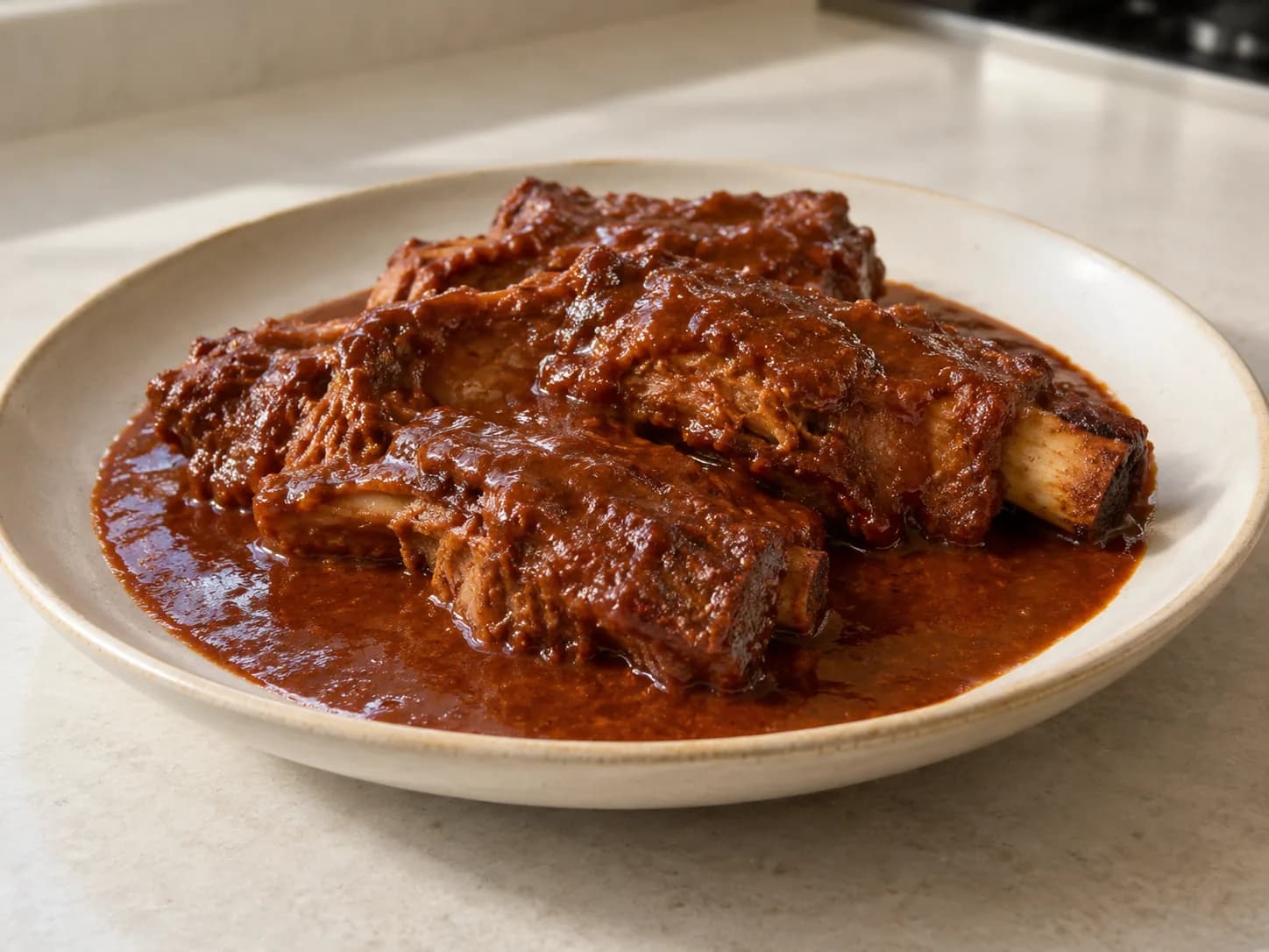 Schweinerippchen in roter Mole: In vier Portionen servieren