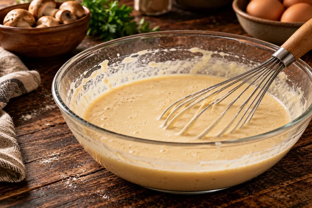 Fluessiger Crepe-Teig in einer Glasschuessel verquirlt