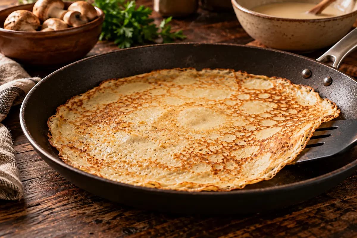 Duenner Crepe braeunt in einer Pfanne