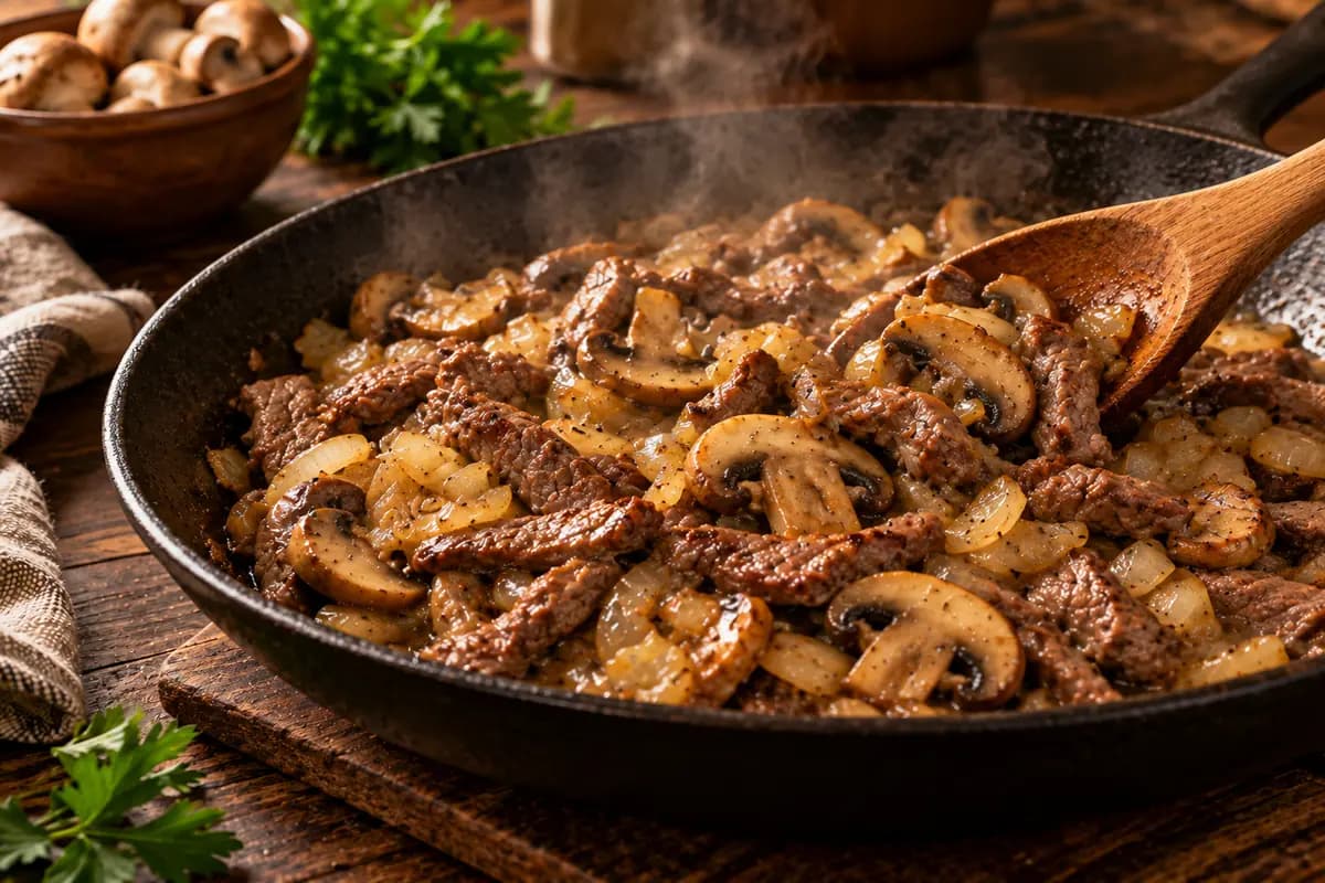 Rinderstreifen und Champignons braeunen in der Pfanne