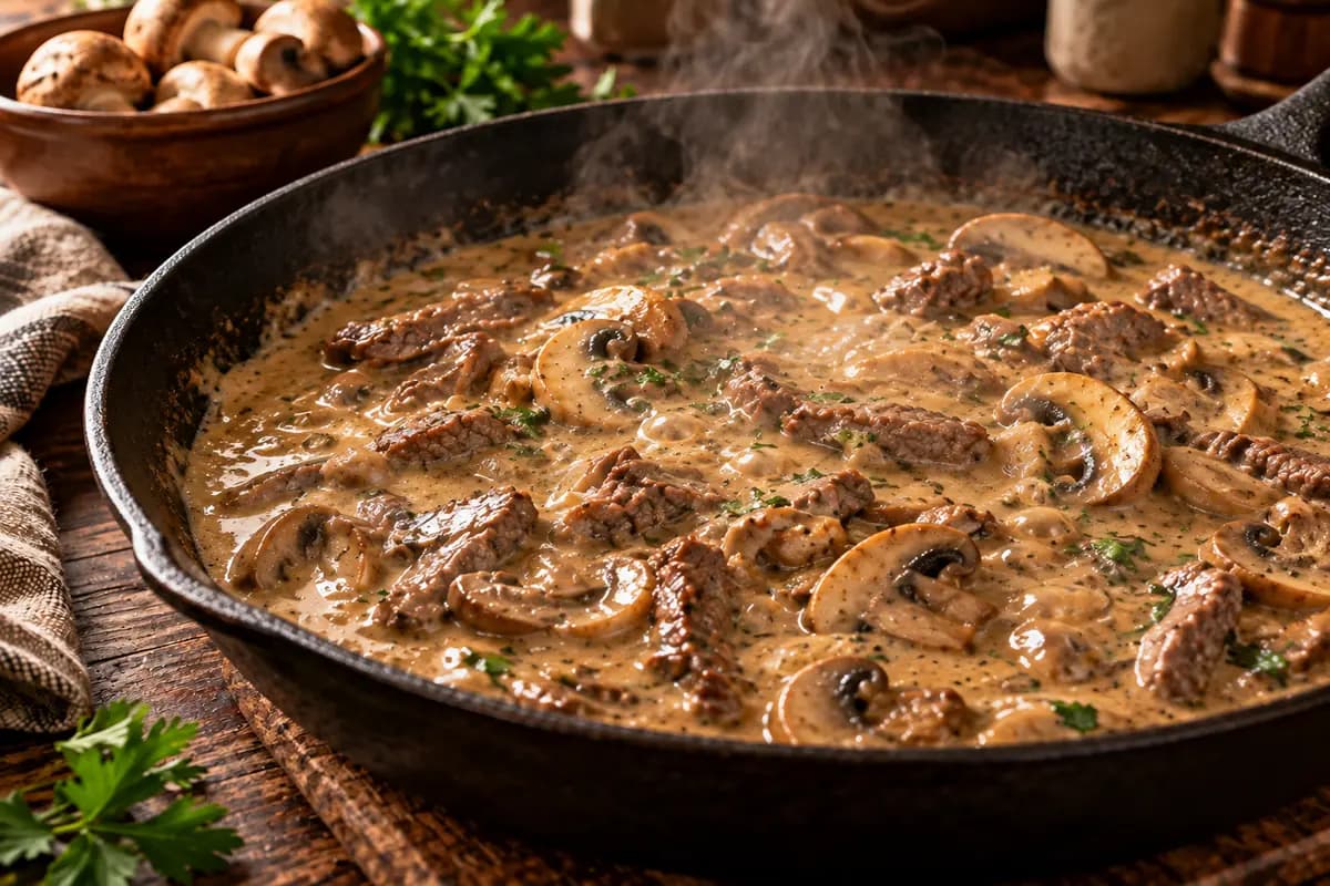 Cremige Champignon-Rindfleisch-Sauce fertig in der Pfanne