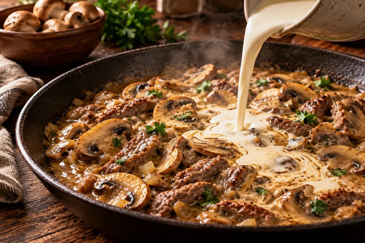 Sahne wird in einem duennen Strahl ueber die Rindfleisch-Champignon-Sauce gegossen