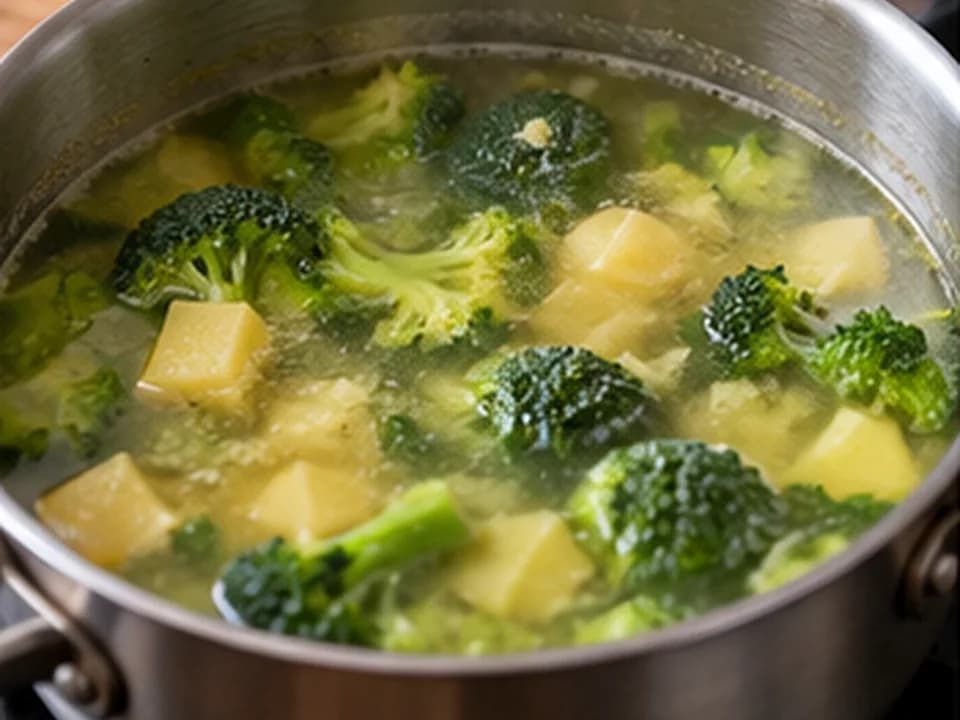 Brokkolicremesuppe: Brühe angießen und köcheln
