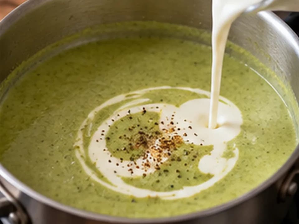 Brokkolicremesuppe: Sahne einrühren und abschmecken
