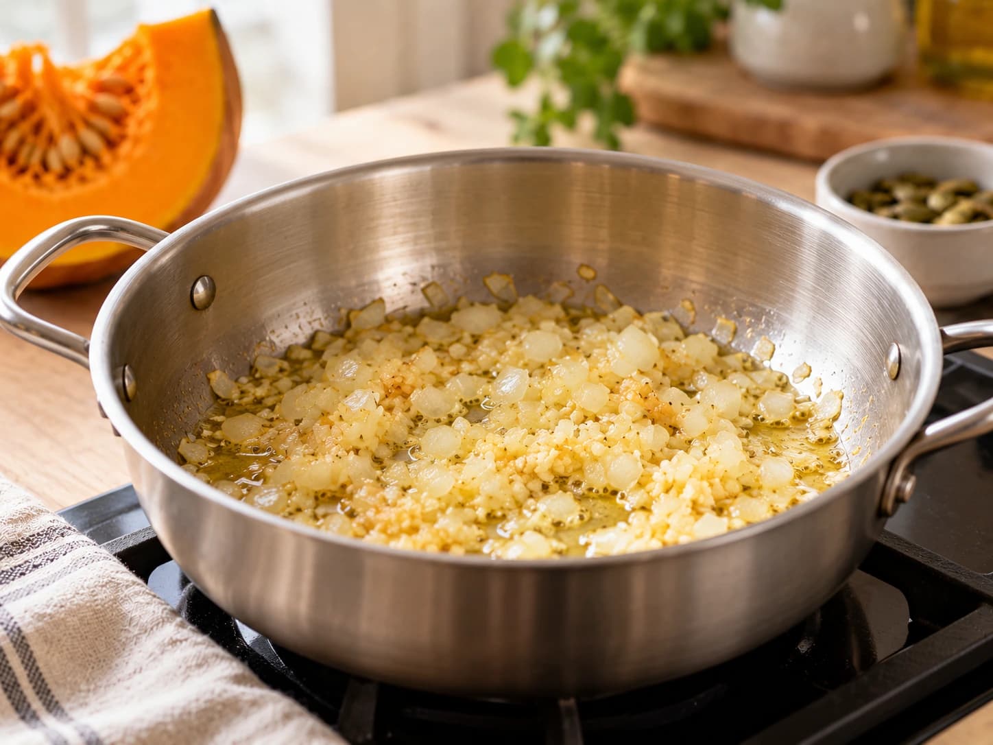 Pumpkin Soup: Sauté the onion and garlic