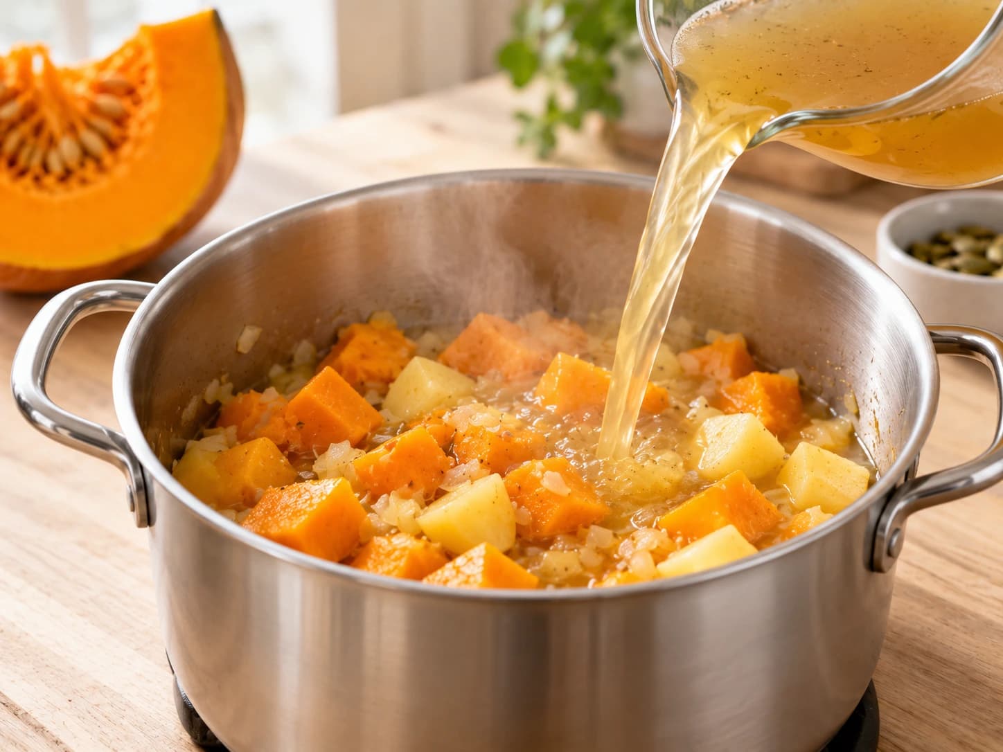 Pumpkin Soup: Pour in the broth