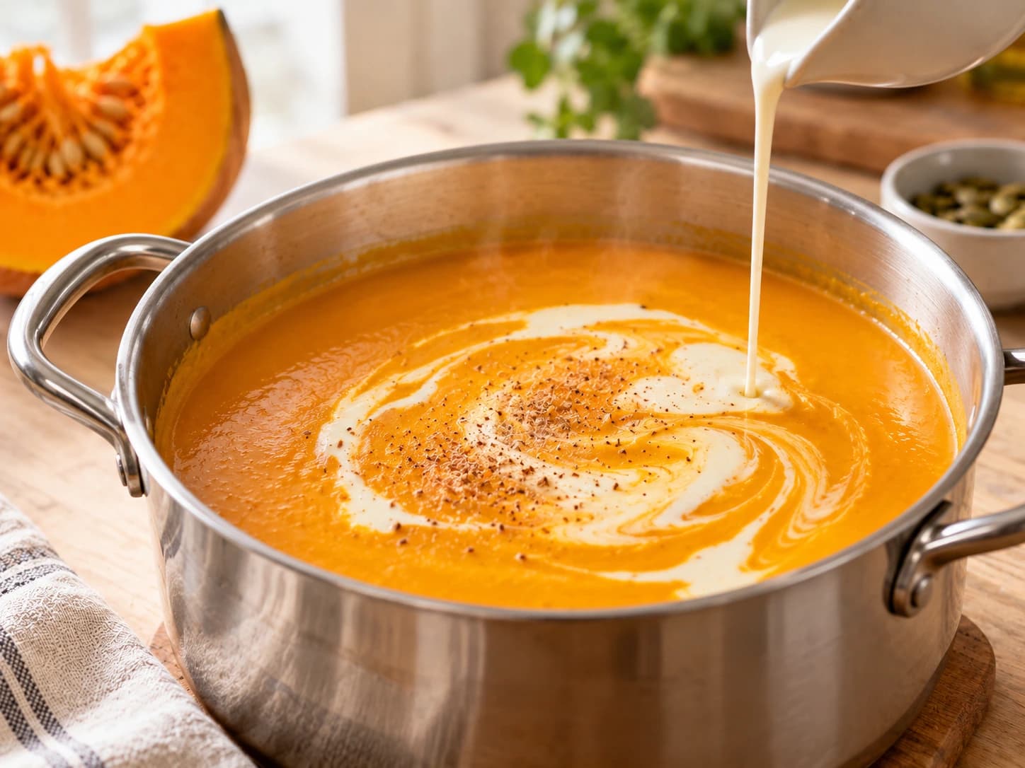 Pumpkin Soup: Add the cream and nutmeg