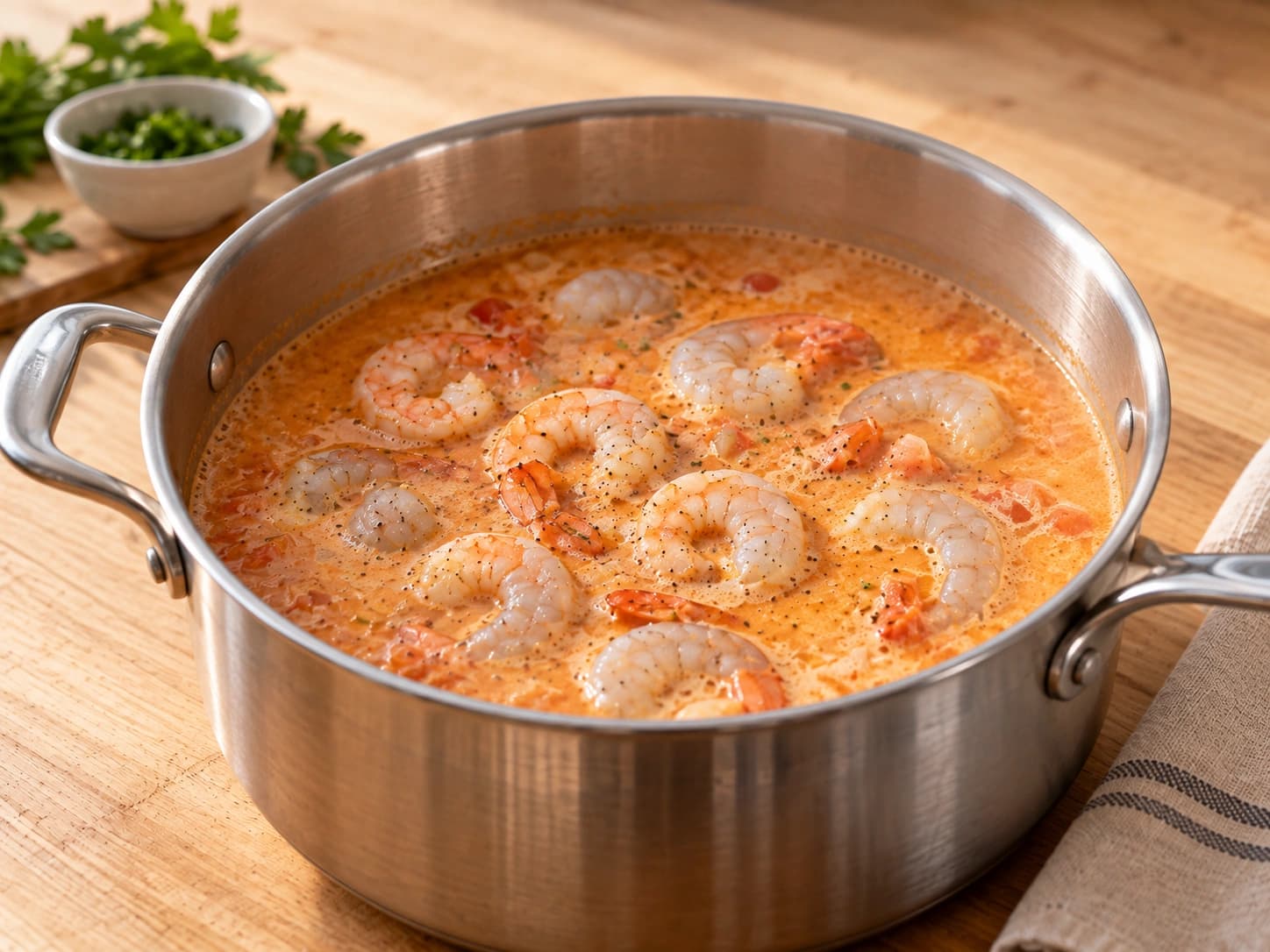 Garnelencremesuppe: Garnelen zugeben
