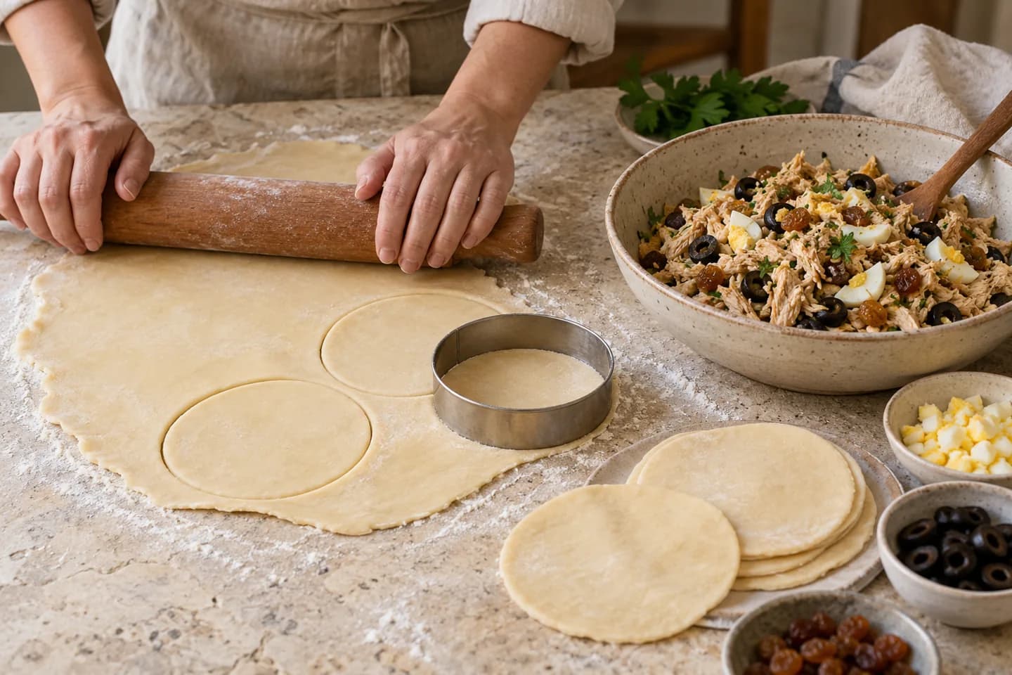 Disques de pâte découpés.