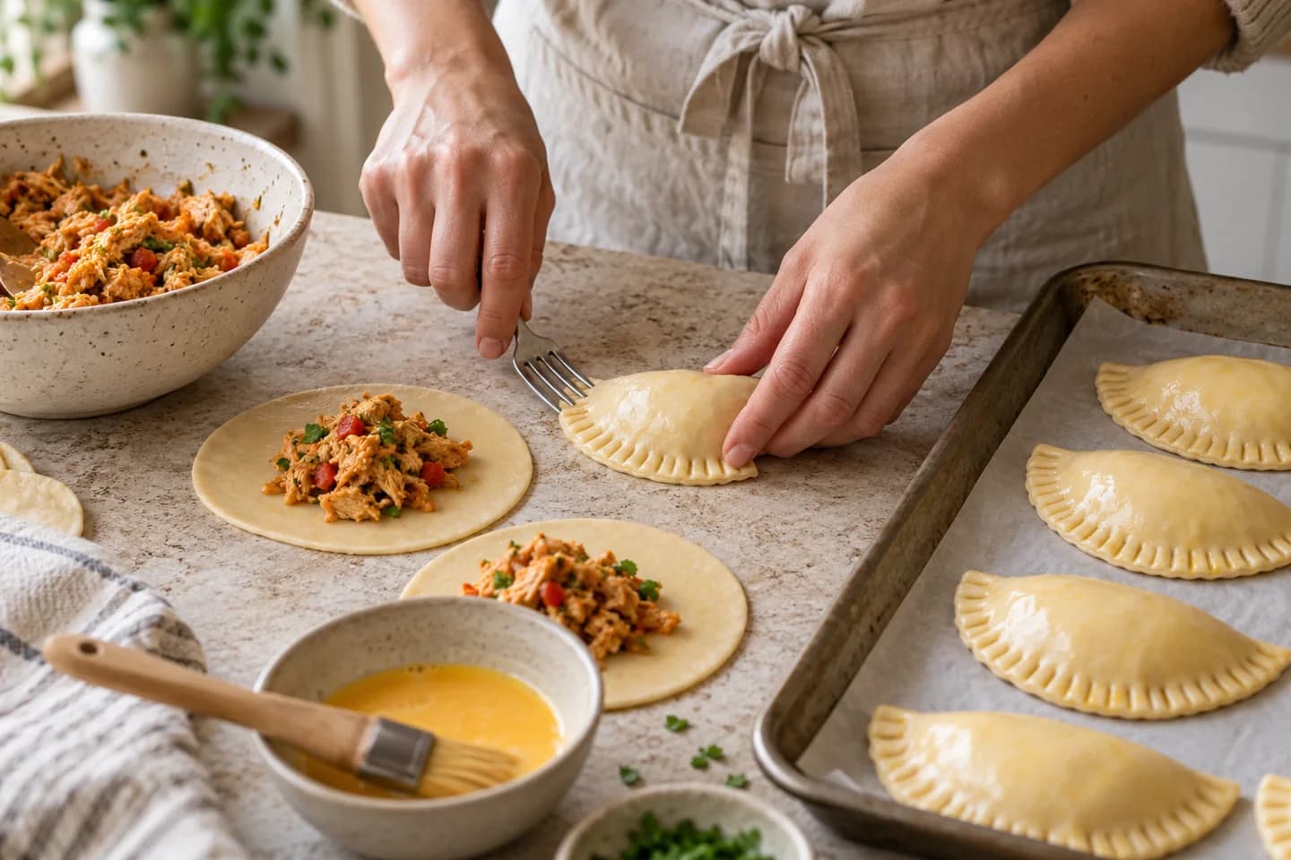 Empanadas fermées sur une plaque.
