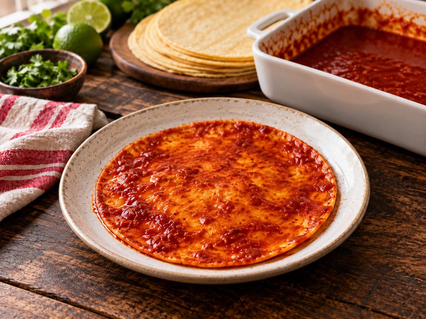 Enchiladas mit Hackfleisch und roter Chilisauce: Tortillas durch die Sauce ziehen