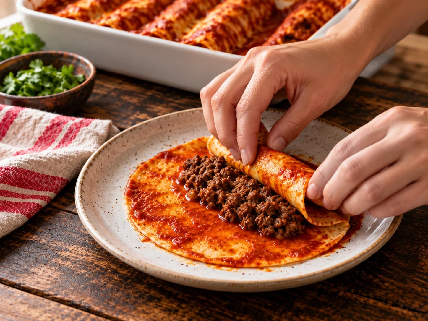 Enchiladas mit Hackfleisch und roter Chilisauce: Füllen und aufrollen
