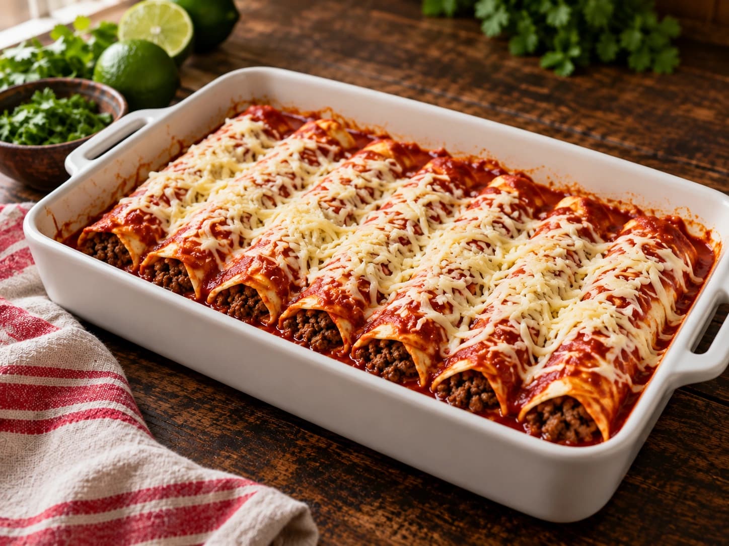Enchiladas mit Hackfleisch und roter Chilisauce: In die Form schichten