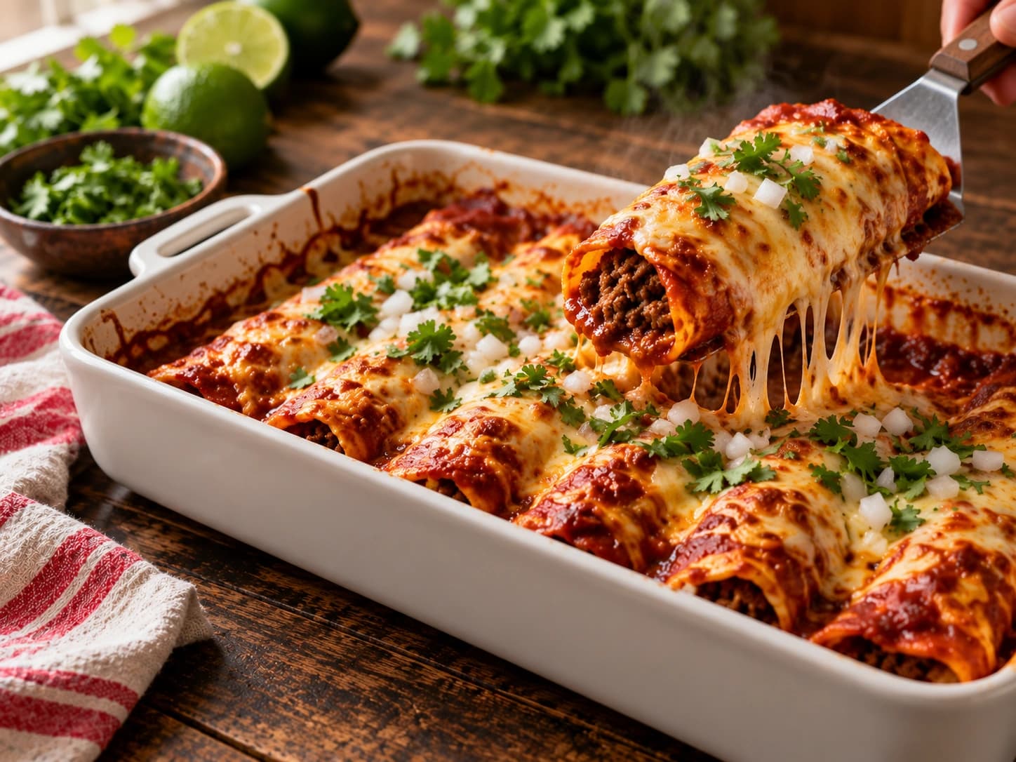 Enchiladas mit Hackfleisch und roter Chilisauce: Überbacken und servieren