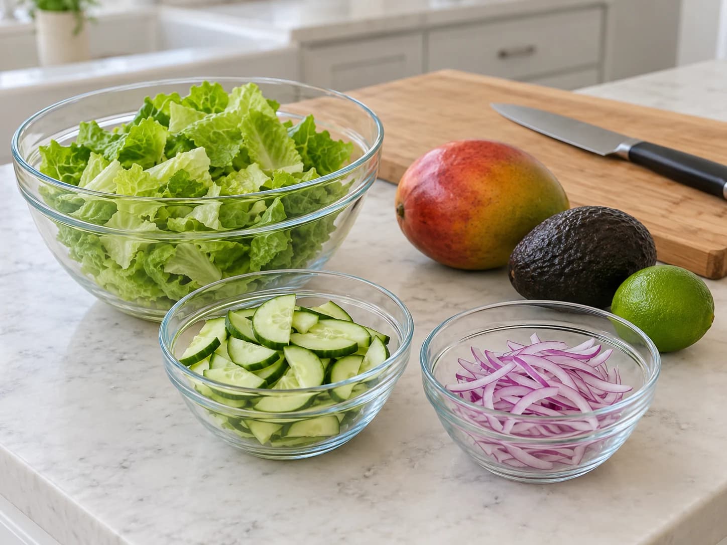 Chicken salad with avocado and mango: Wash and dry the produce