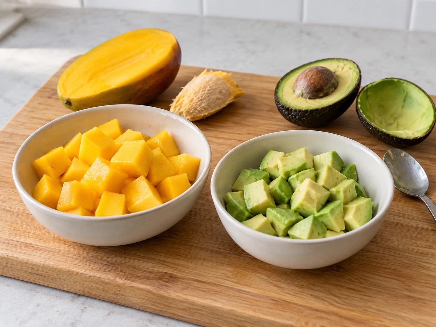 Chicken salad with avocado and mango: Dice the mango and avocado