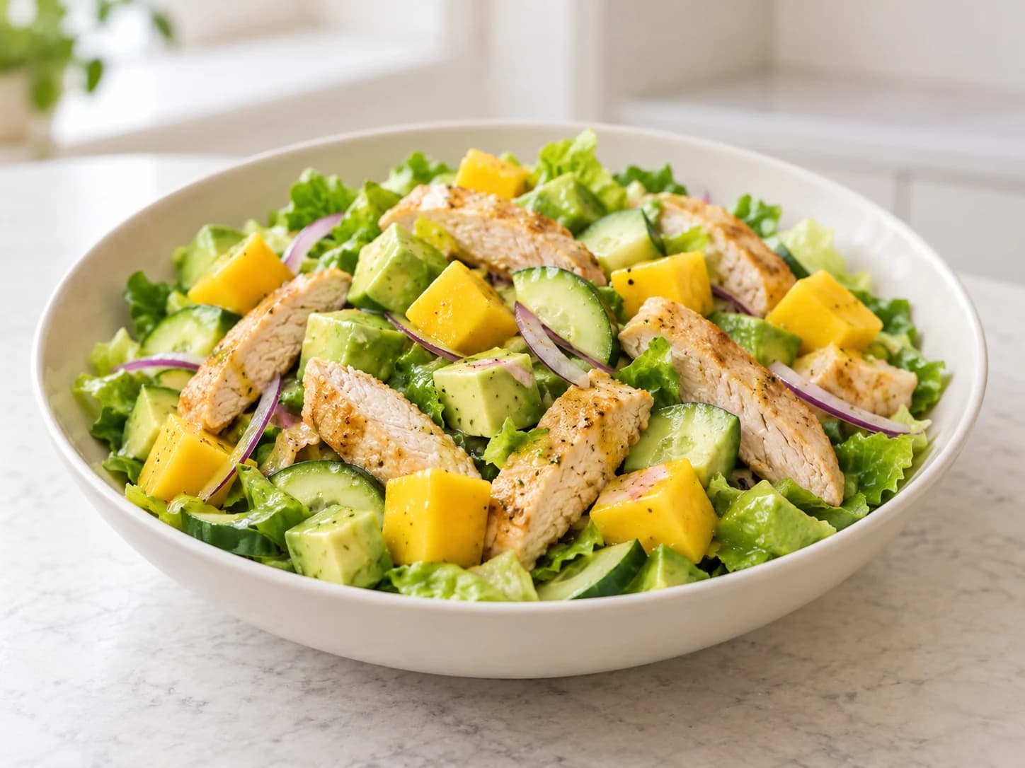 Chicken salad with avocado and mango: Serve and refrigerate