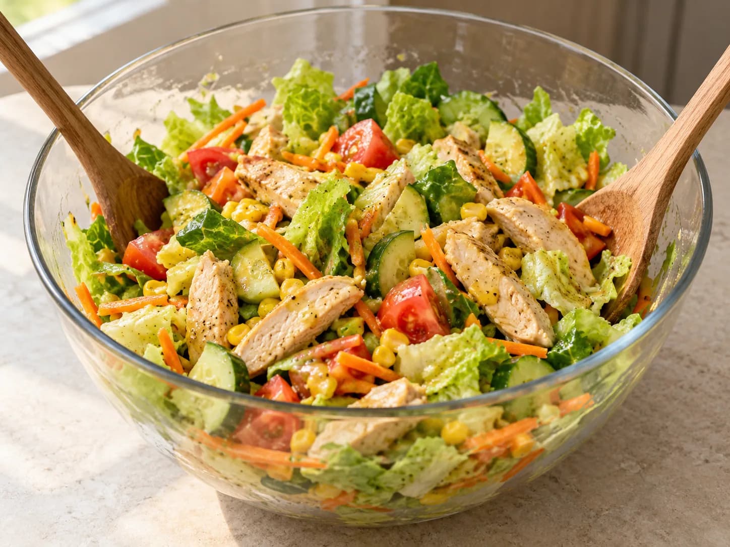 Salada primavera com frango: Misture a salada