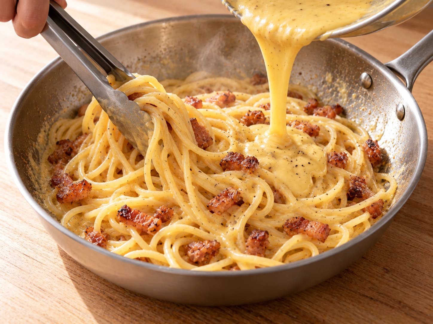 Spaghetti carbonara: Ajouter la sauce