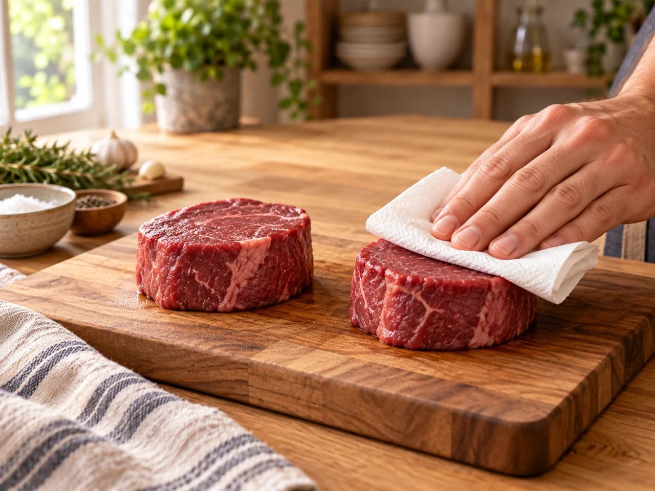 Dos medallones gruesos de filete mignon crudo sobre una tabla de madera mientras una mano los seca con papel de cocina.