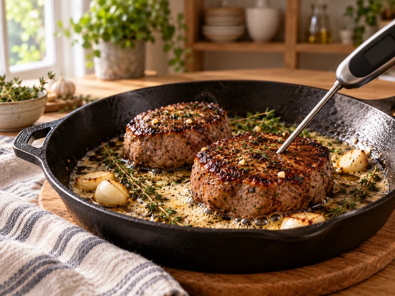 Termómetro de cocina digital clavado en el centro de un medallón de filete mignon dorado dentro de la sartén de hierro.