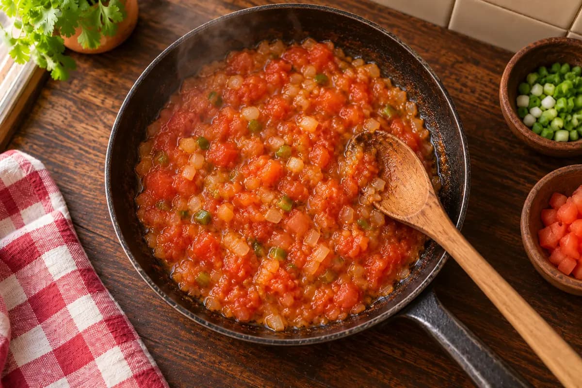 Hogao d'oignon et de tomate qui revient dans la poêle