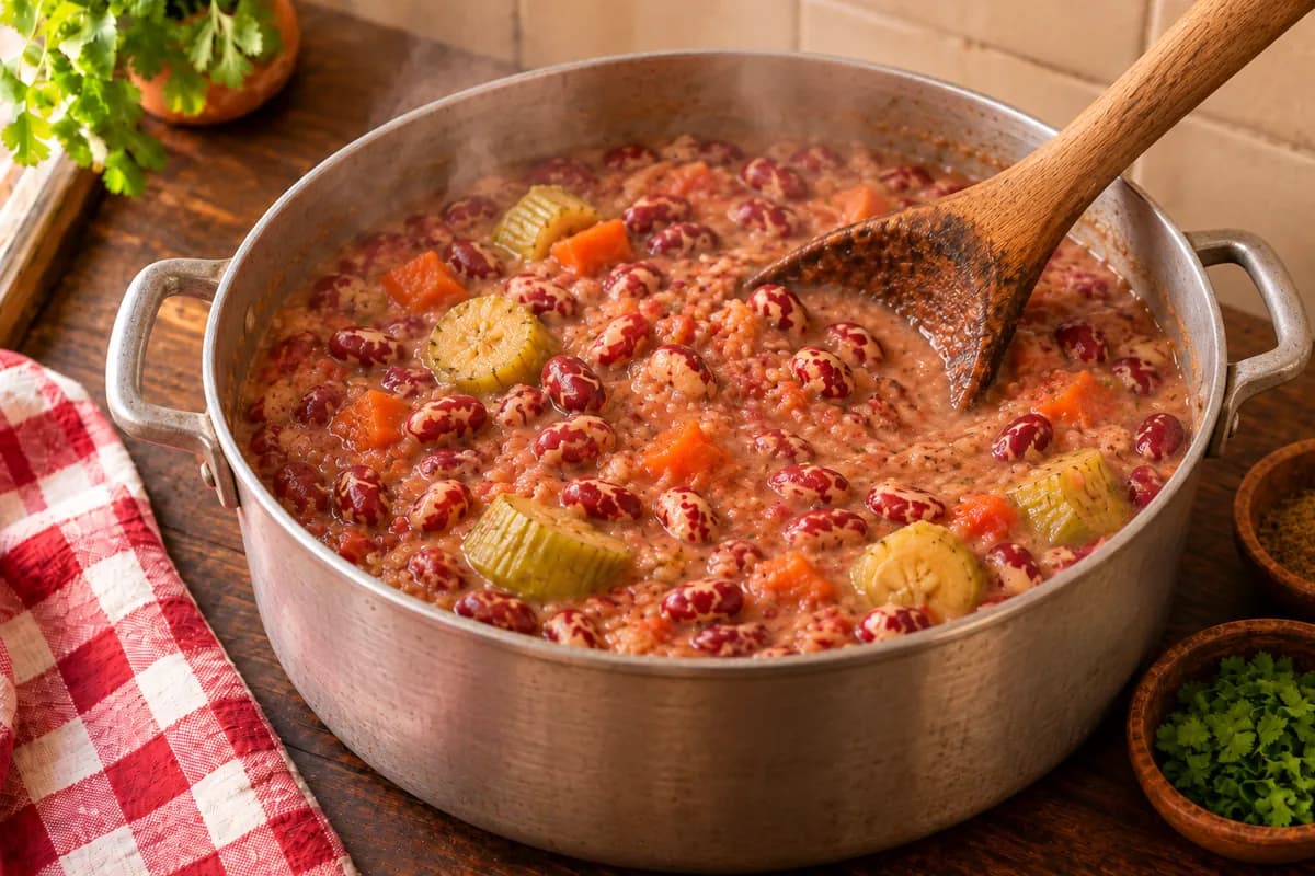 Haricots avec bouillon épais et crémeux qui cuisent à feu doux