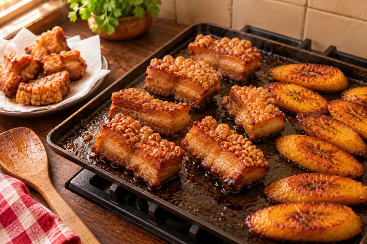 Chicharrón croustillant et banane plantain mûre frite