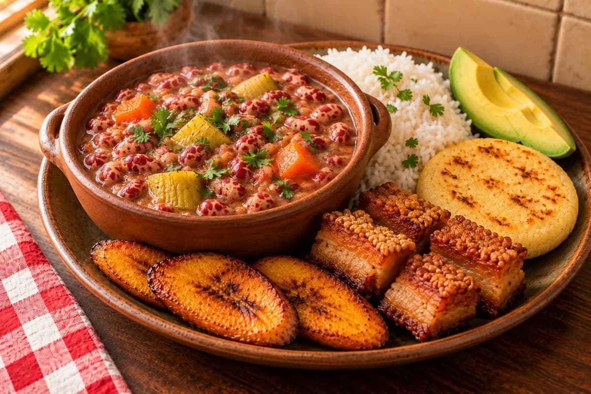 Assiette de haricots colombiens servie avec riz, avocat, arepa et chicharrón