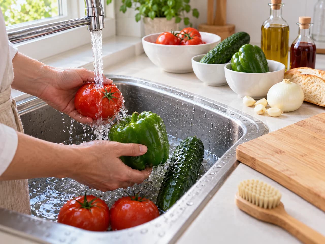 Gazpacho tradicional espanhol com legumes e pão: Lave, confira e pese os legumes