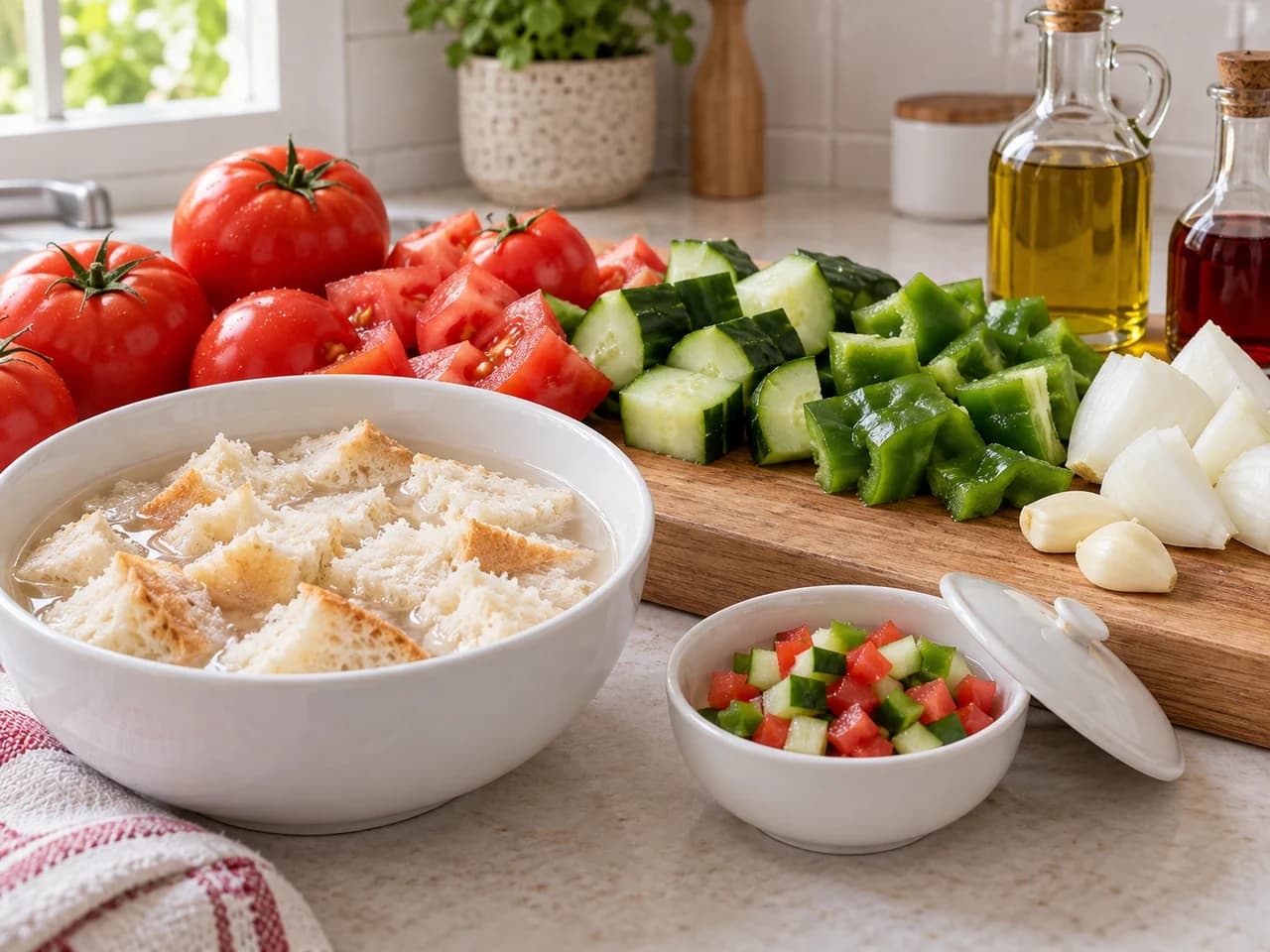 Gazpacho tradicional espanhol com legumes e pão: Demolhe o pão e reserve a guarnição
