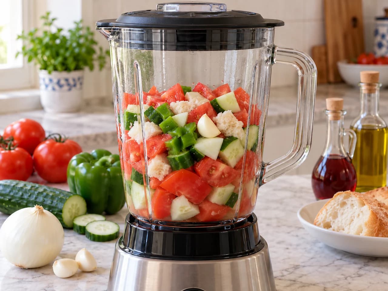 Gazpacho tradicional espanhol com legumes e pão: Bata a base sem peneirar