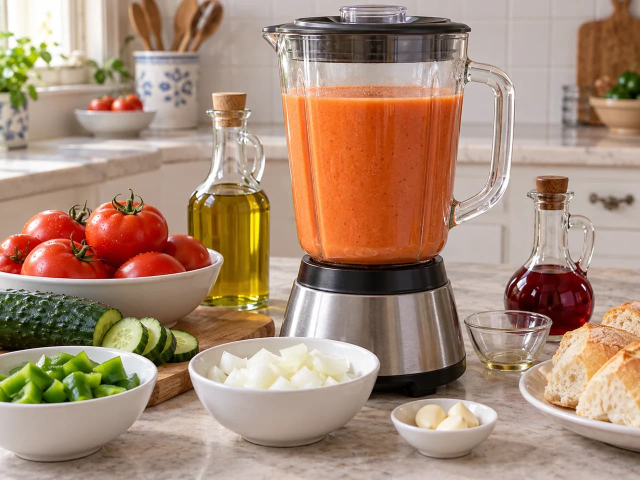 Gazpacho tradicional espanhol com legumes e pão: Emulsione com o azeite medido