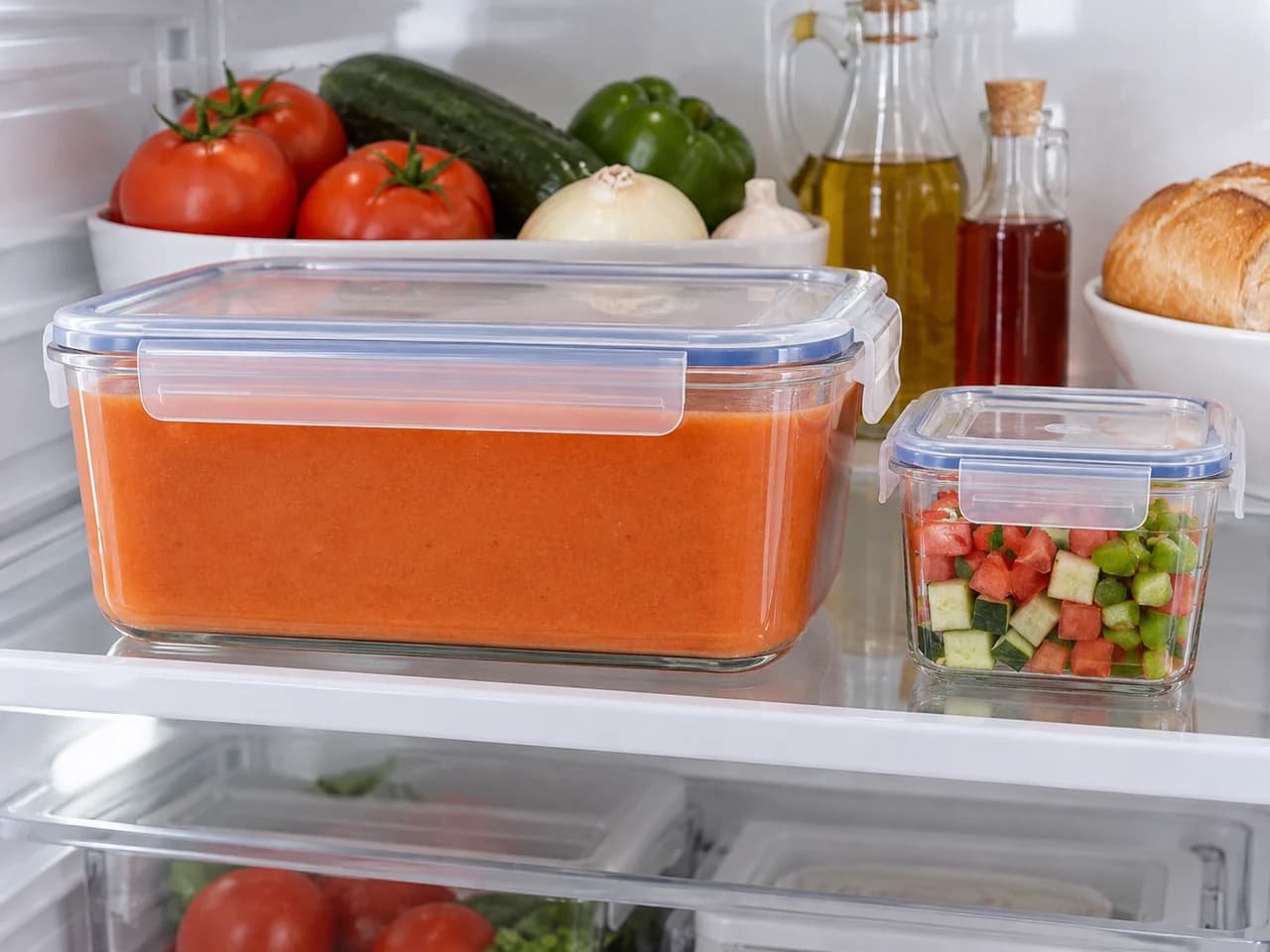 Gazpacho tradicional espanhol com legumes e pão: Resfrie imediatamente com guarnição separada