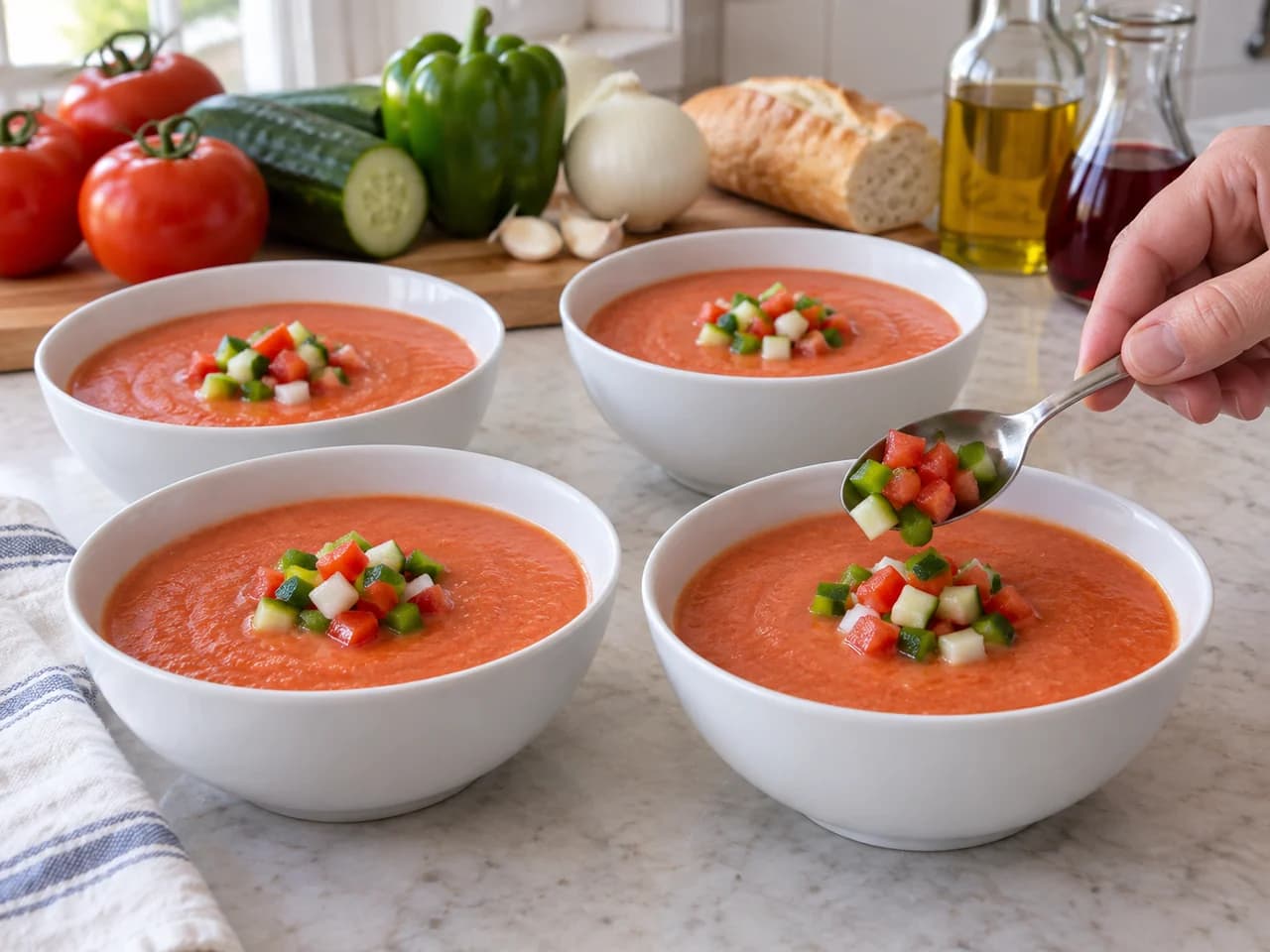Gazpacho tradicional espanhol com legumes e pão: Mexa e divida sem novos ingredientes
