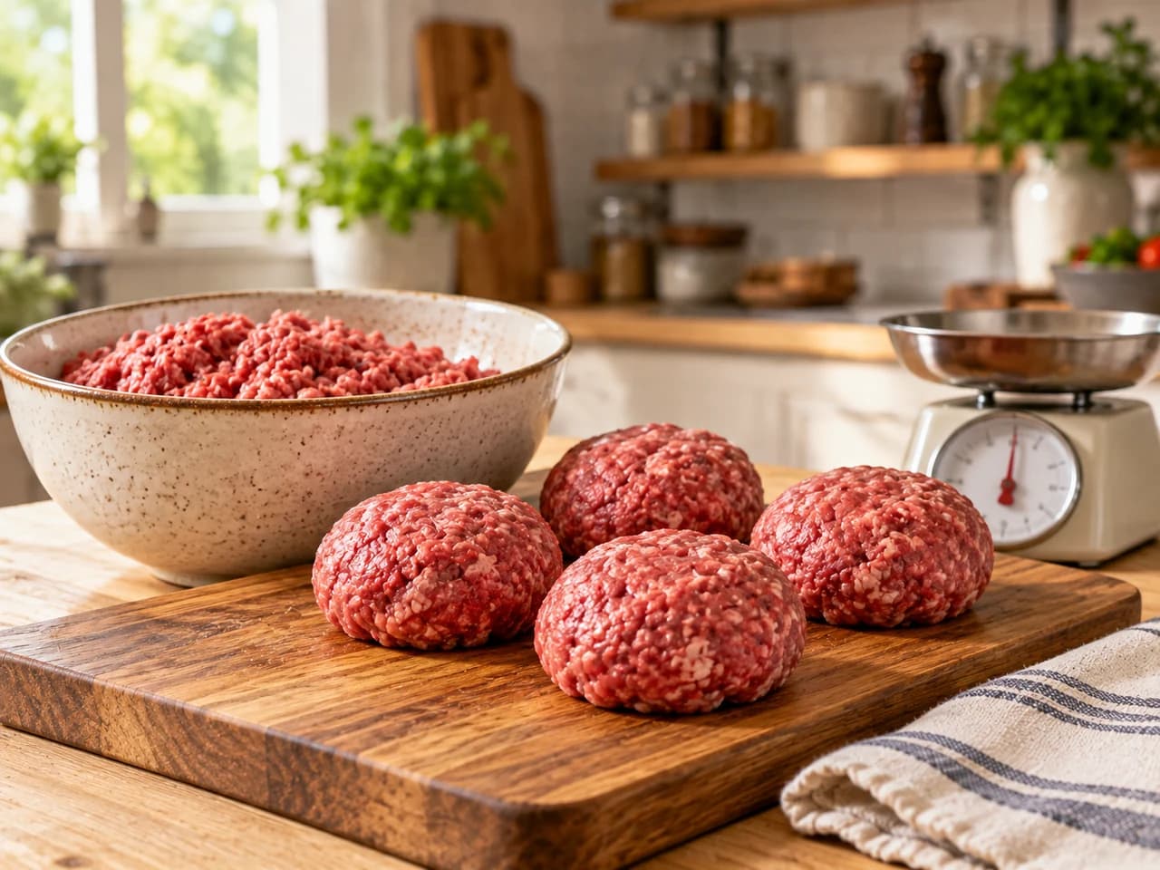 Bol de cerámica con carne molida y cuatro bolas de carne del mismo tamaño sobre una tabla, junto a una báscula de cocina.
