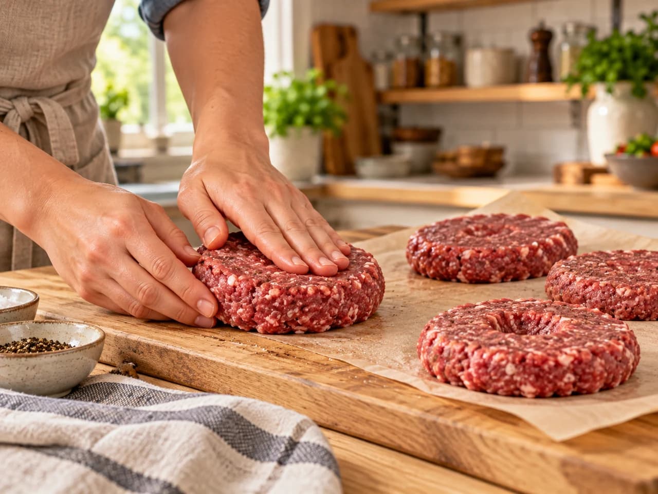Manos aplastando una bola de carne para formar una hamburguesa, con tres hamburguesas crudas sobre papel, una con un hueco en el centro.