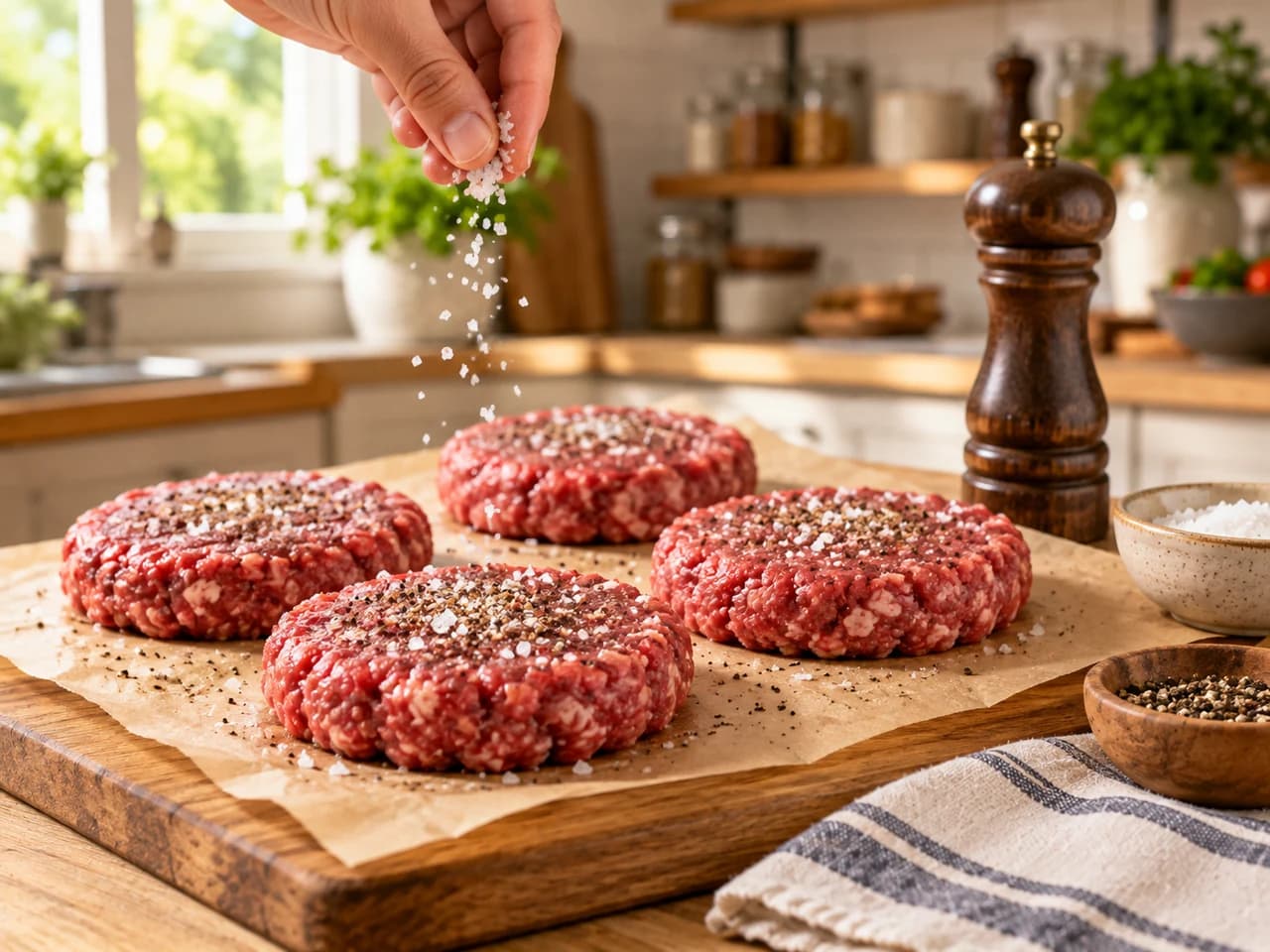 Cuatro hamburguesas crudas sobre papel espolvoreadas con sal gruesa y pimienta, una mano añadiendo sal y un molinillo al lado.