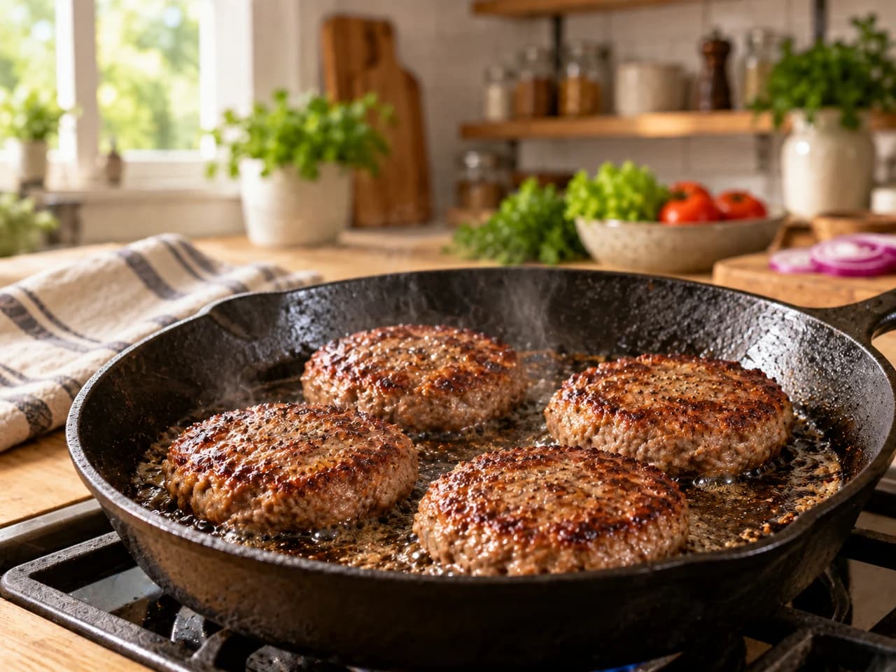 Cuatro hamburguesas dorándose en una sartén de hierro fundido caliente.
