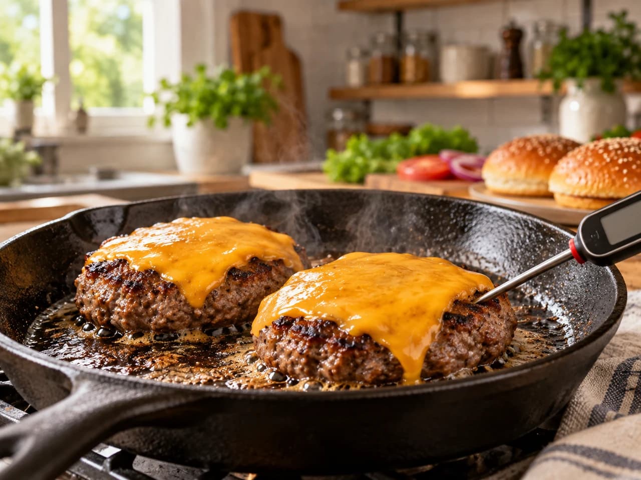 Hamburguesas con costra dorada y cheddar fundido en la sartén de hierro, con un termómetro digital clavado en una.