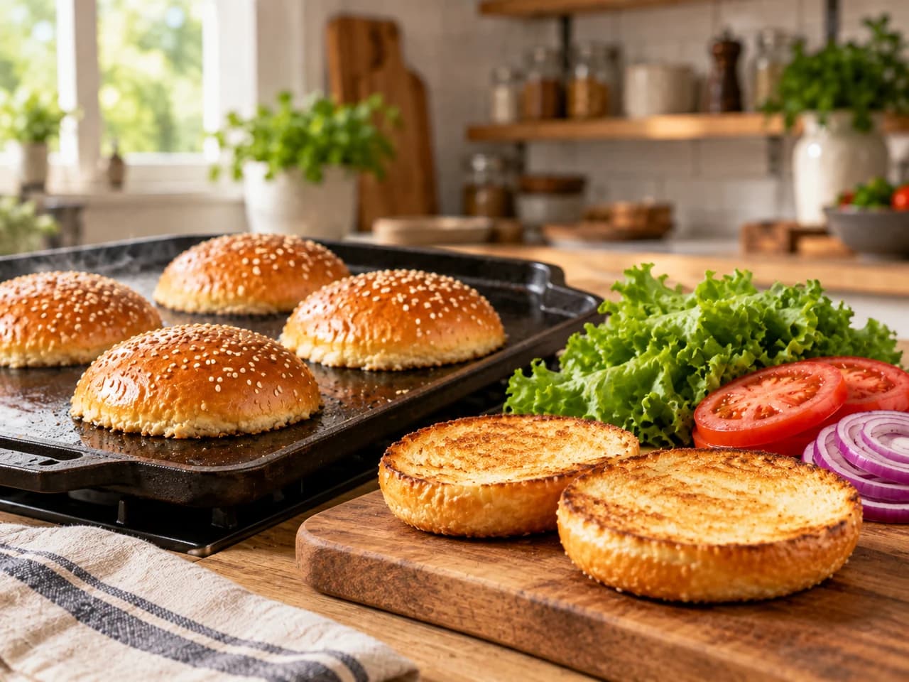 Panes brioche con sésamo tostándose en una plancha, dos ya tostados sobre una tabla con lechuga, tomate y cebolla morada.