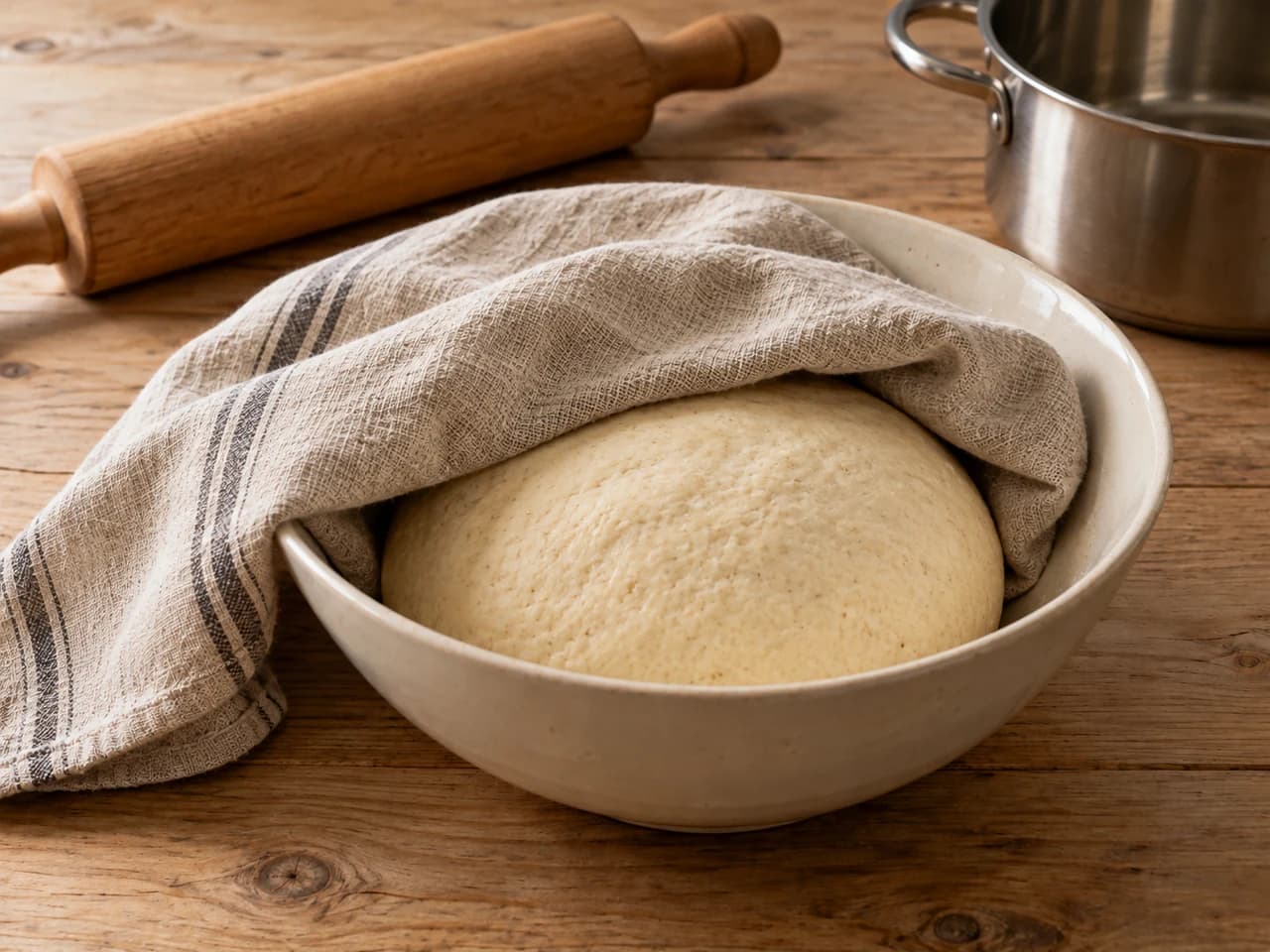 Bola de masa lisa en un cuenco de cerámica, cubierta a medias con un paño de lino.